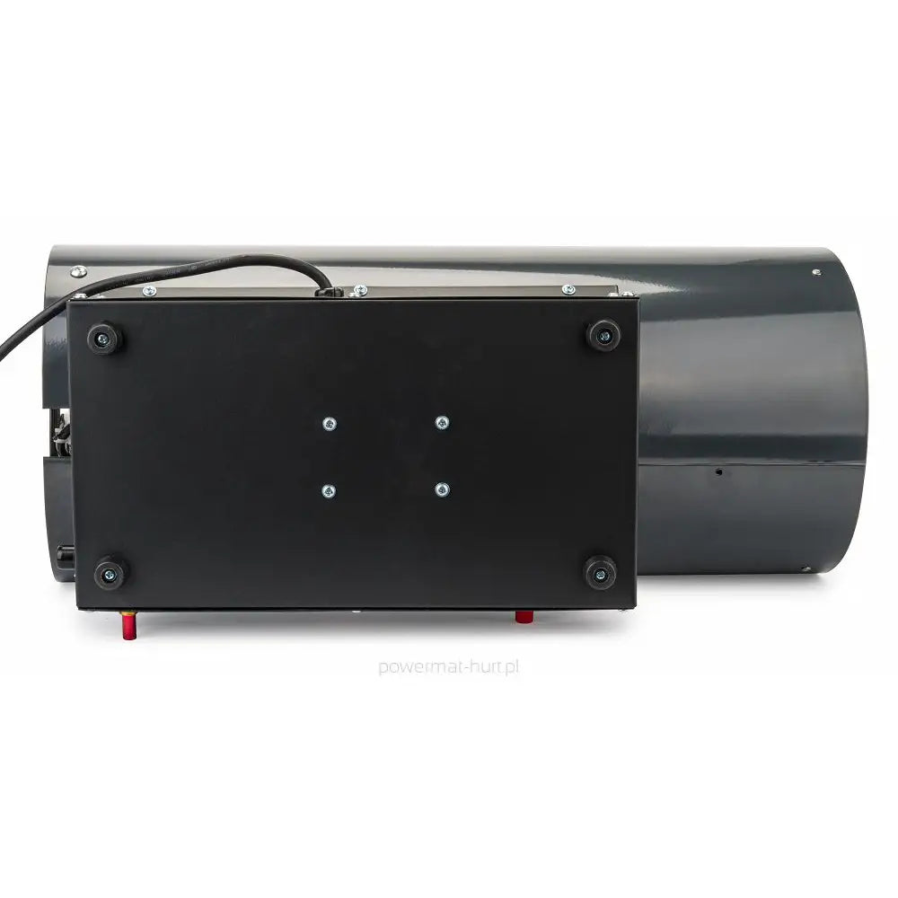 Gassvarmer, underside med fire gummiføtter, synlige skruer og kabel ut på venstre side.