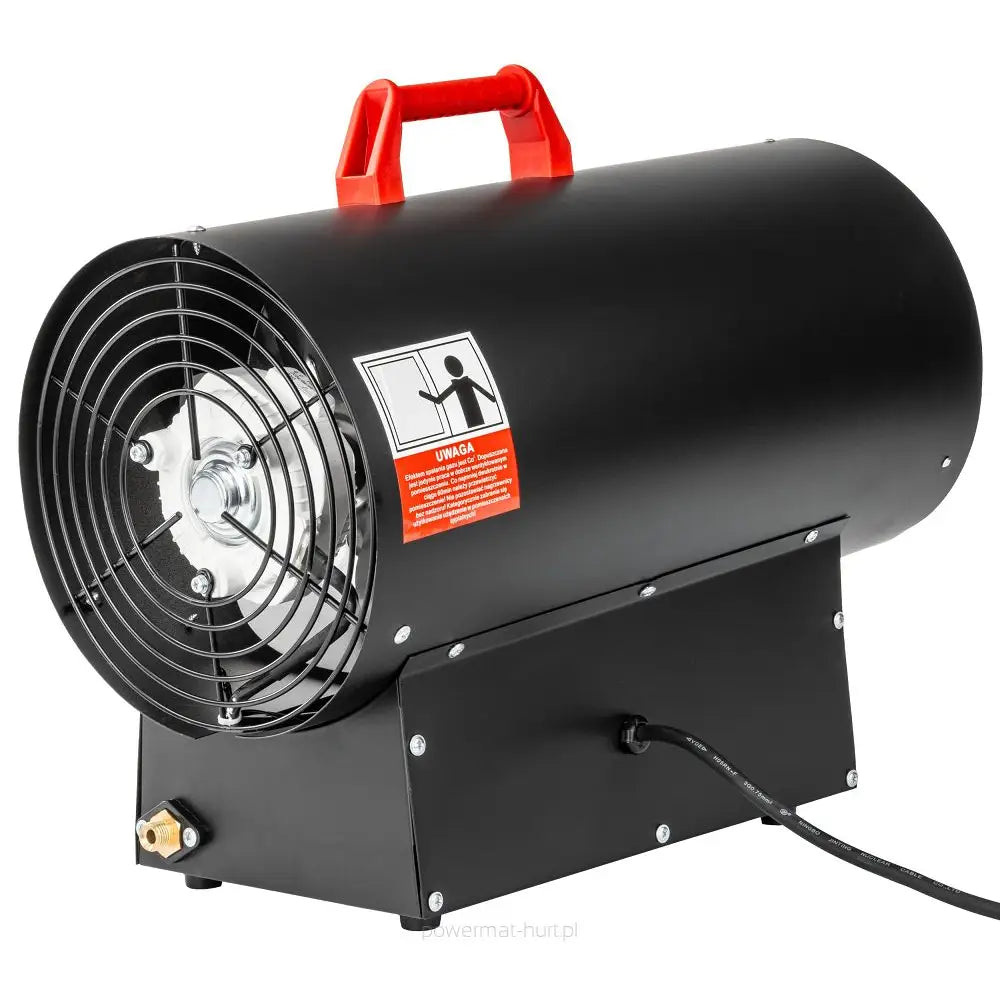 Gassvarmer, sort varmluftsblåser med rød håndtak, sidevisning av gitter, advarselsmerke og strømkabel.