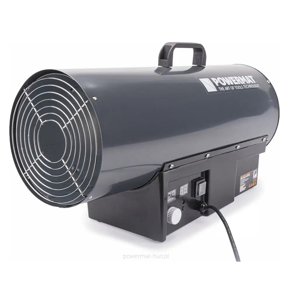 Gassvarmer i mørk grå metall, skrå forsidevisning med bærehåndtak, gitter og synlig kontrollpanel.