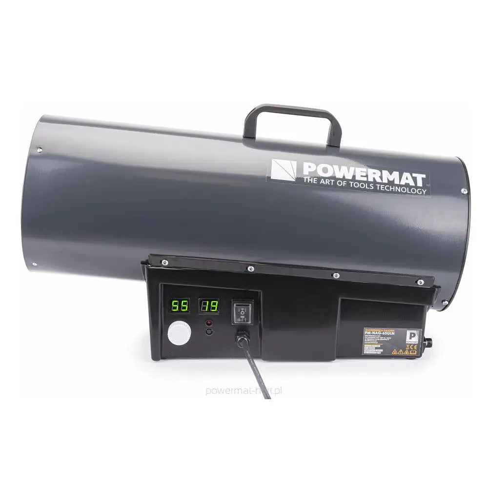 Gassvarmer, industriell varmluftsvifte i mørk grått metall med bærehåndtak, LCD-display og betjeningspanel.