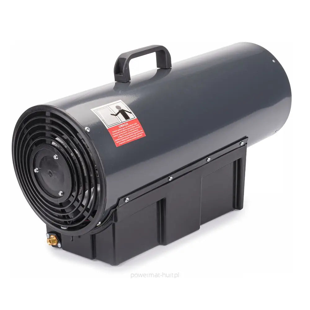 Gassvarmer, sort og grå vifteovn med bærehåndtak, skråvisning som fremhever varselmerking på siden.