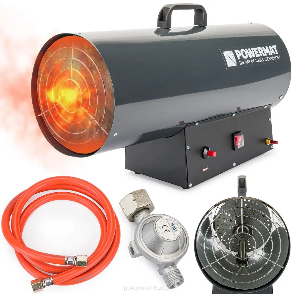 Gassvarmer, sort metallvifte med bærehåndtak, oransje slange, gassregulator og frontgitter synlig.