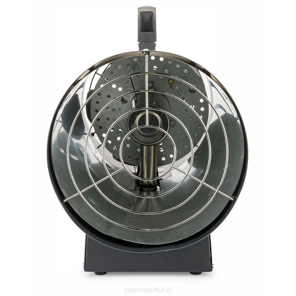 Gassvarmer med sølvfarget metallvifte, frontvisning av beskyttelsesgitter og perforerte metalldeler.