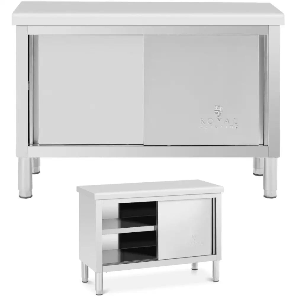 Gastronomisk bord i rustfritt stål, front- og skråvisning med åpne skyvedører og justerbare ben.