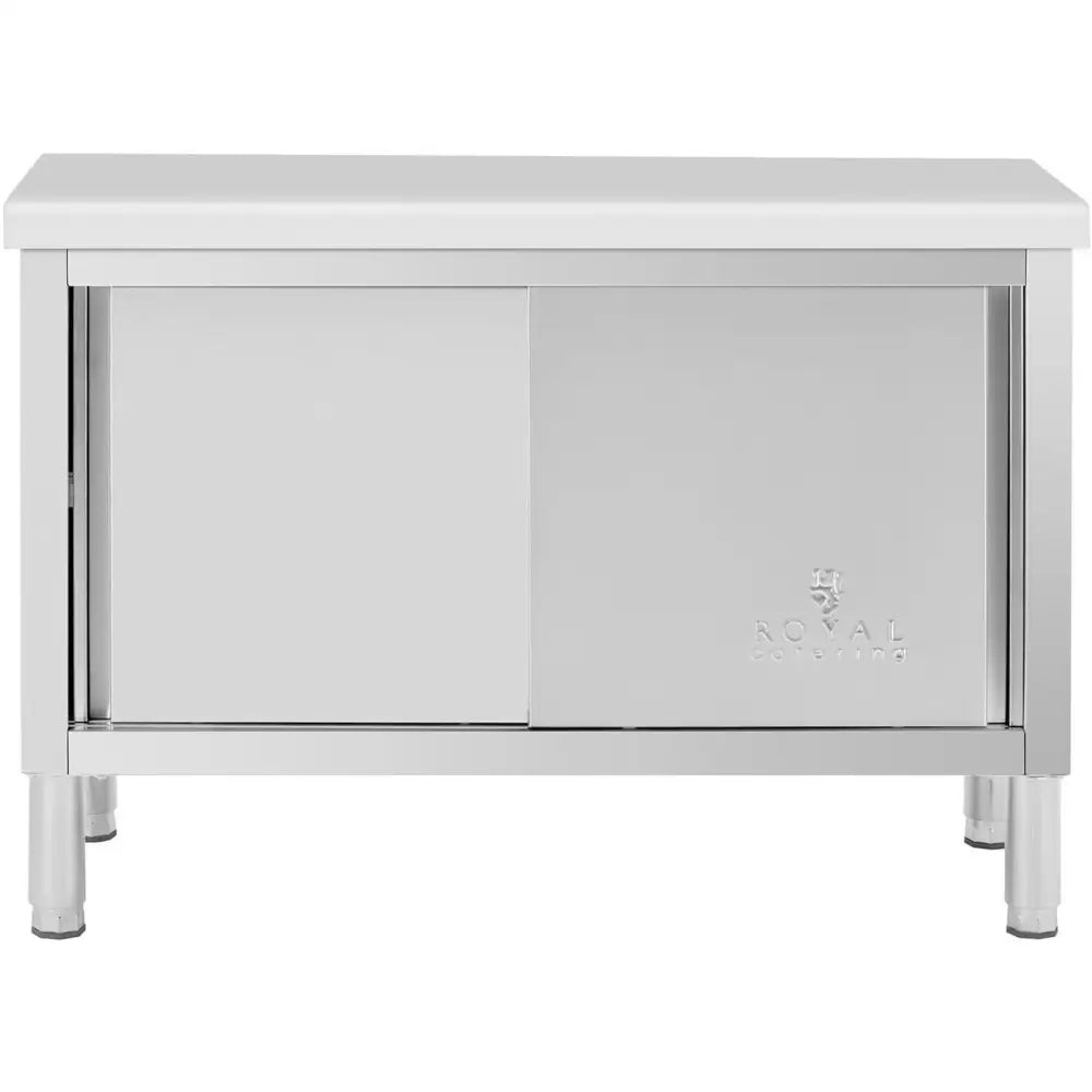 Gastronomisk bord i rustfritt stål, frontbilde med skyvedører, glatt overflate og synlig merkevare på døren.