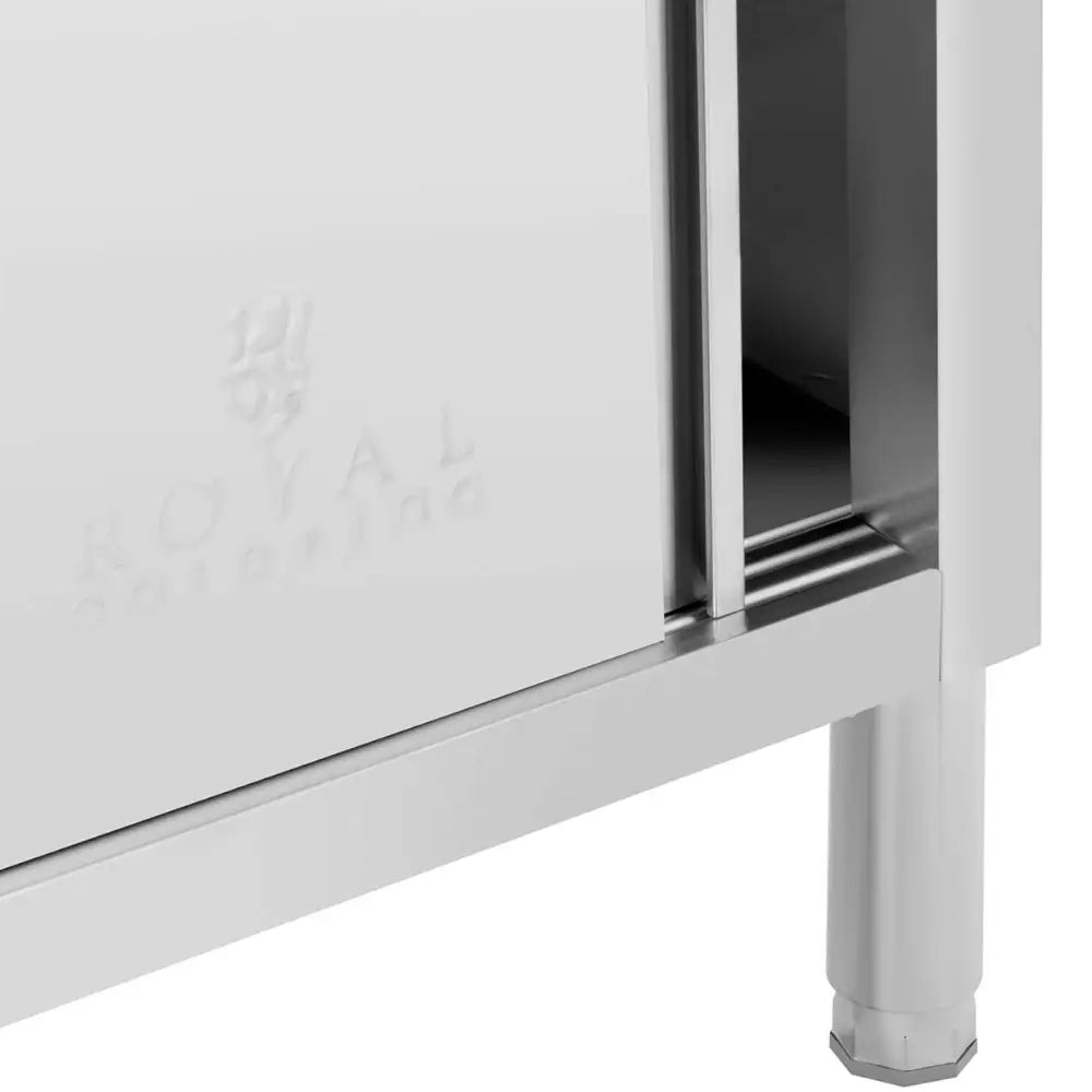 Gastronomisk bord i rustfritt stål, detalj av hjørne med bein og preget logo på skyvedøren.