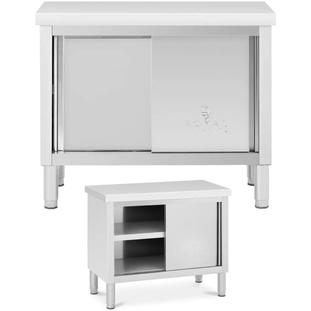 Gastronomisk bord i rustfritt stål med to skyvedører, fire ben og innvendige hyller, stor og liten modell.