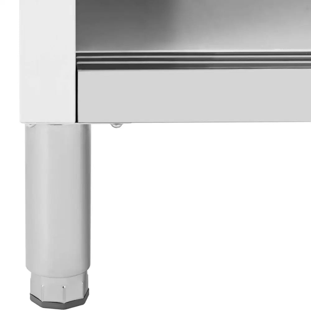 Justerbart metallben med sekskantet fot til gastronomisk bord, festet i sølvfarget ramme mot hvit bakgrunn.