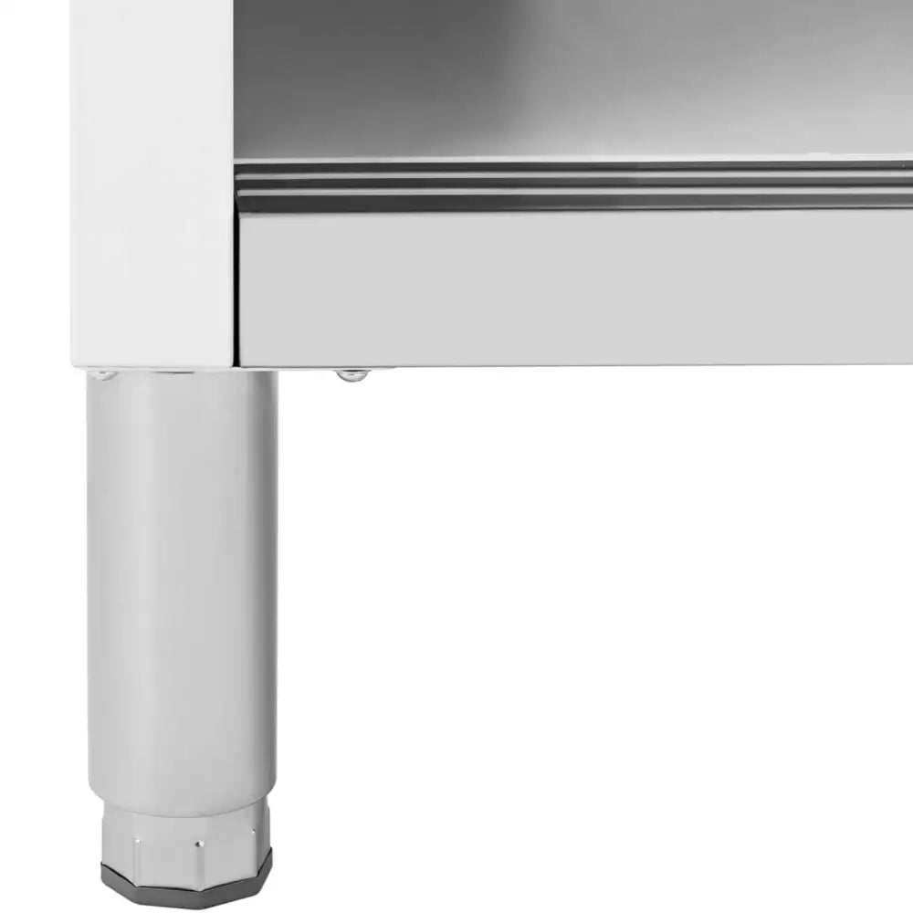 Gastronomisk bord i stål, detalj av justerbart ben med glatt grått understell og robust konstruksjon.