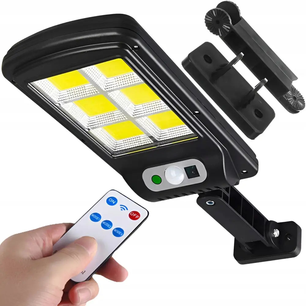 Gatebelysning LED 200 W, sort lampe med gule paneler, bevegelsessensor, veggfeste og fjernkontroll.
