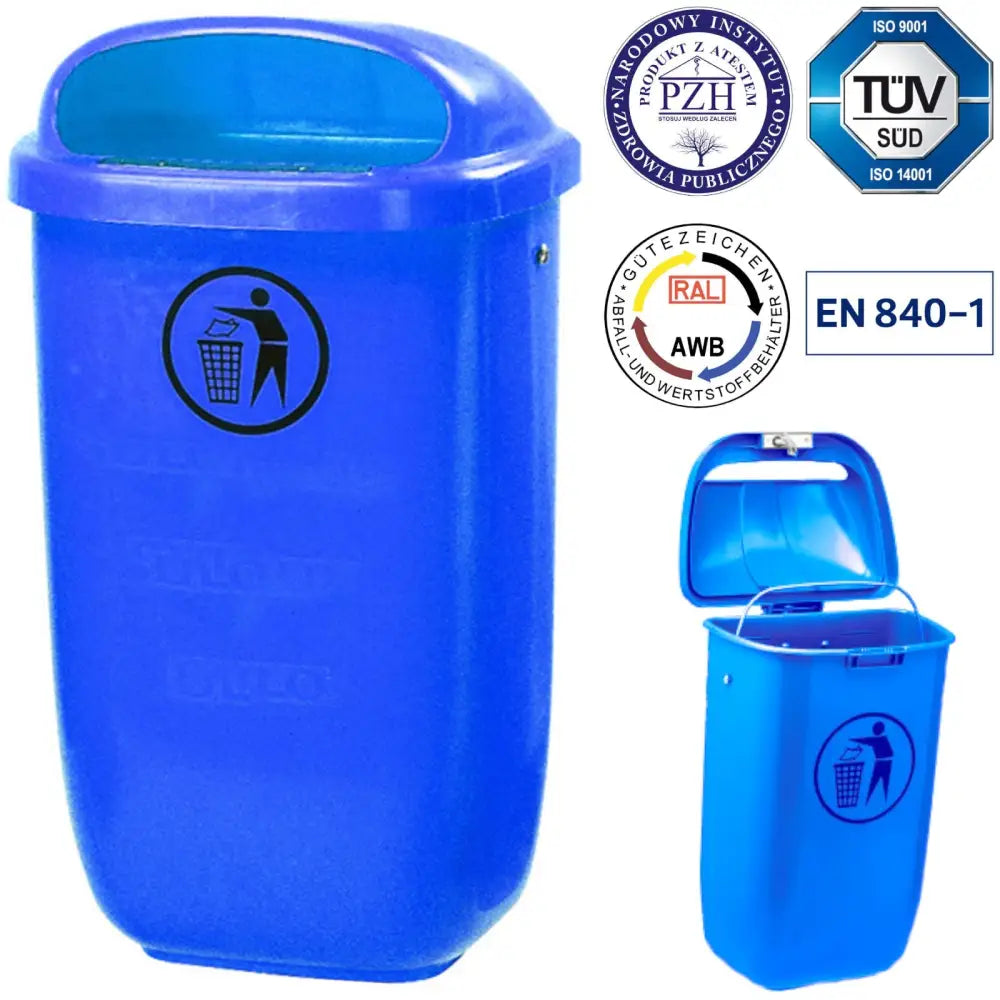 Blå søppelboks for stolpe eller vegg, frontvisning med sort lokk, åpent lokk i hjørnet og sertifiseringsmerker.