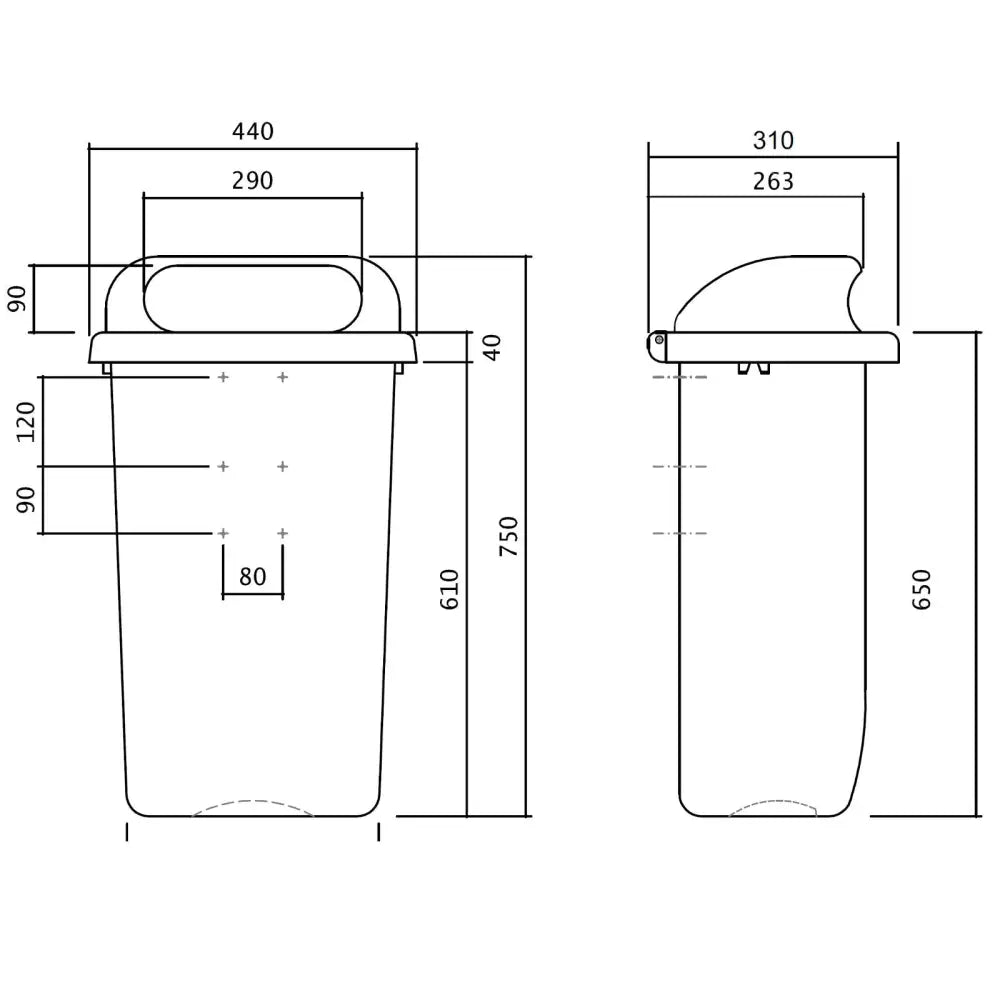 Gatemiljø søppelboks blå, teknisk tegning med mål og proporsjoner vist fra forside og side.