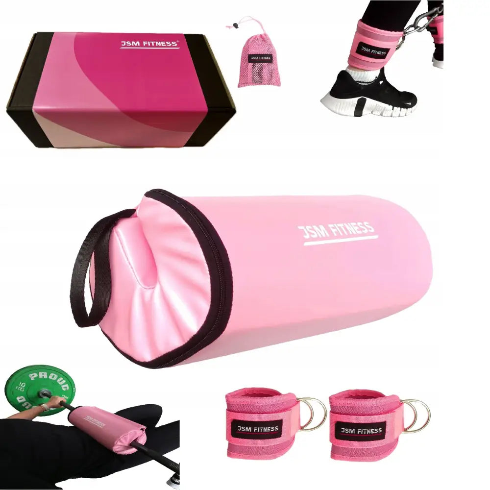 Gavepakke med rosa og svart hoftenøst nakkepute, to ankelstropper, rosa pose, gaveeske og JSM Fitness-logo.