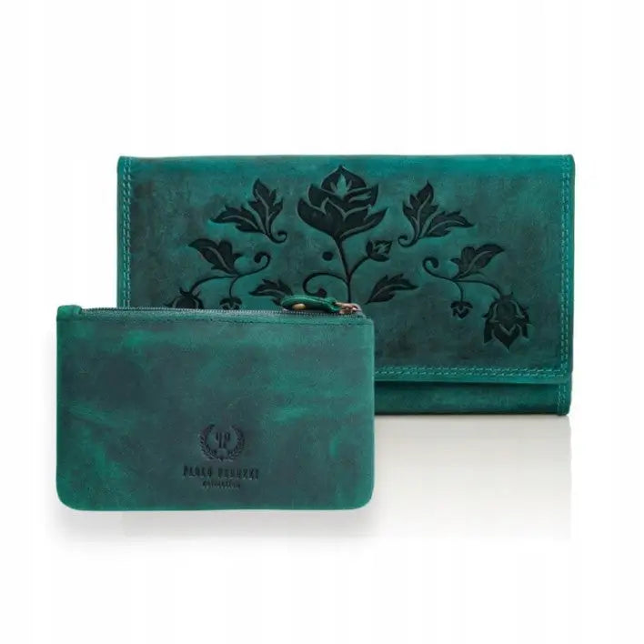 Gavesett for Damer Grønn Skinn Lommebok + Nøkkeletui