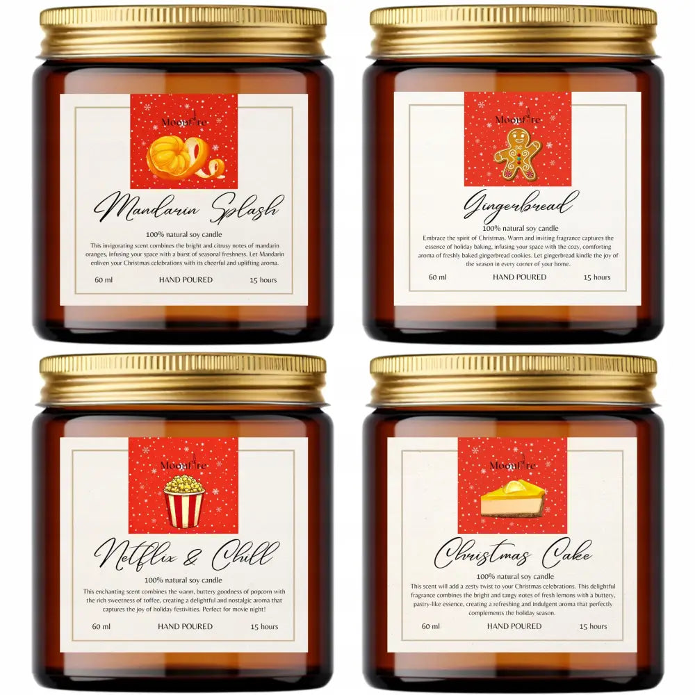 Gavesett med duftende soylys i brune glasskrukker med gullokk, juleetiketter og ulike dufter, frontvisning.