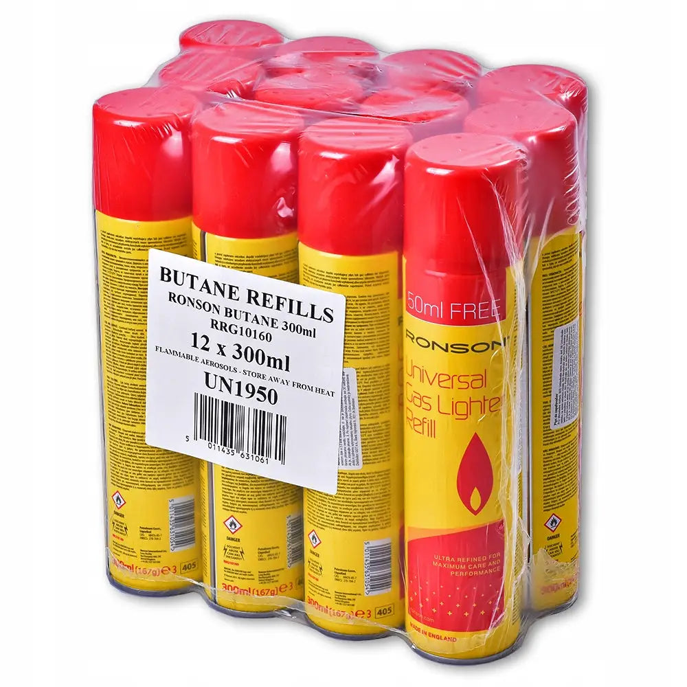 Gaz Ronson lightergass, tolv gule og røde spraybokser i plastinnpakning med tydelig frontetikett.