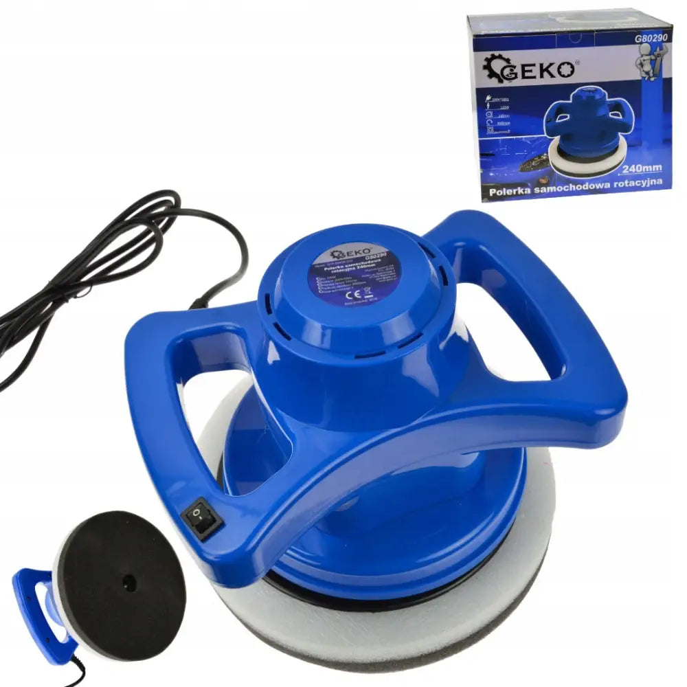 Geko poleringsmaskin i blå plast med to håndtak, sett skrått ovenfra, inkludert strømkabel og poleringspute.