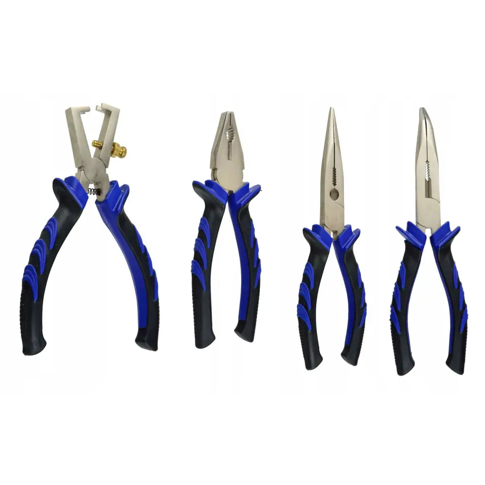 Geko profesjonelle tangsett med fire ulike tenger og ergonomiske blå og sorte håndtak, sett forfra.
