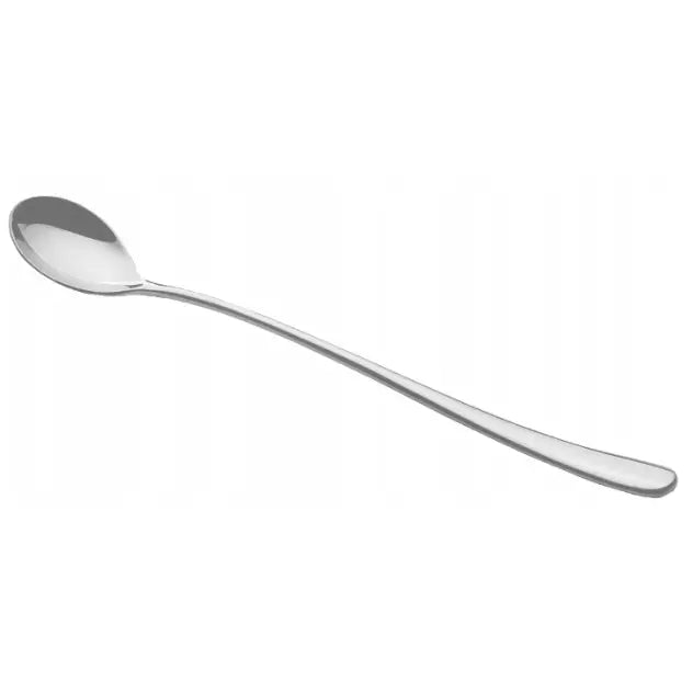 Lang cocktailskje i blankt metall, sideprofil med avrundet skål og elegant buet håndtak mot hvit bakgrunn.