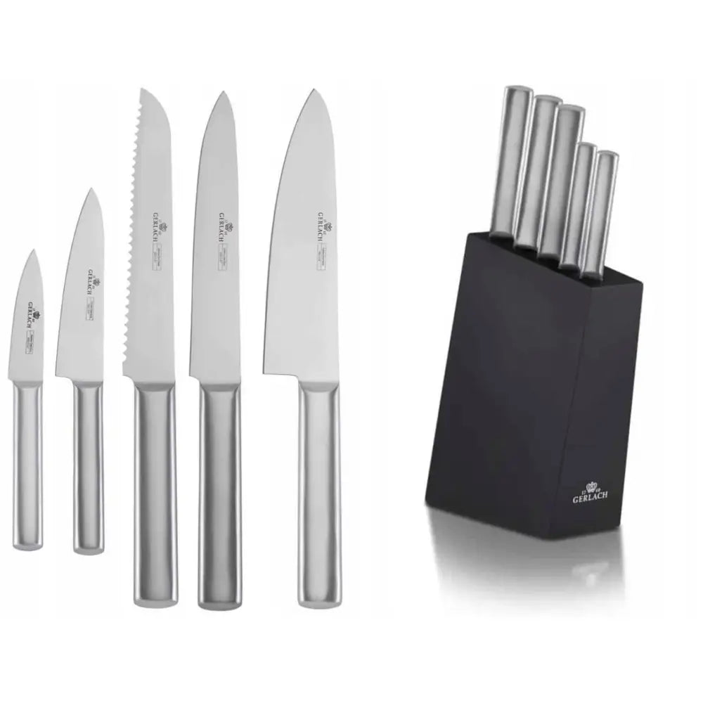Gerlach Ambiente Silver kjøkkenknivsett med fem kniver i rustfritt stål i svart, moderne knivblokk.