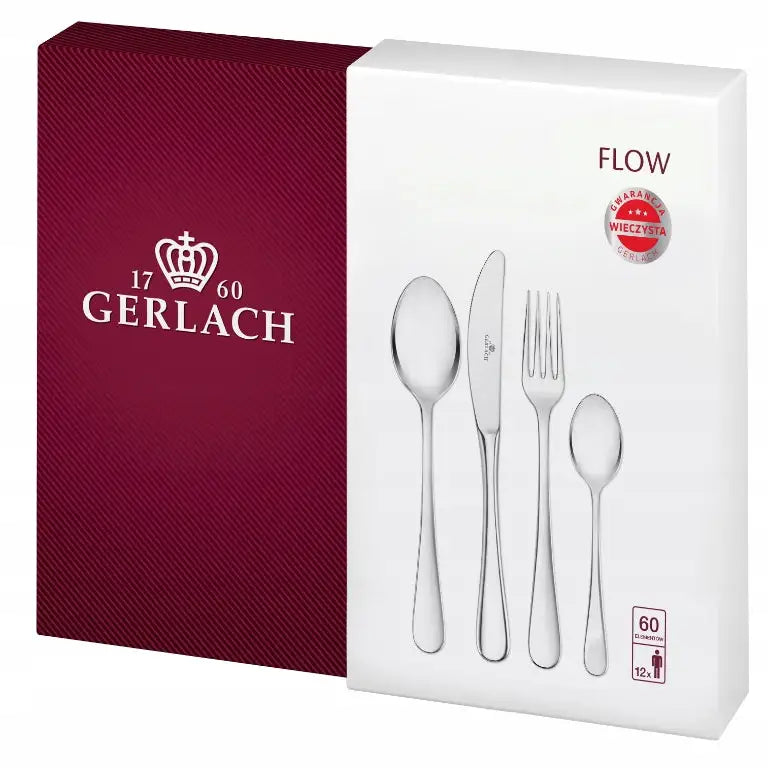 Gerlach Flow bestikksett 60 deler, esker med sølvlogo og bilde av rustfritt bestikk sett fra skrå vinkel.