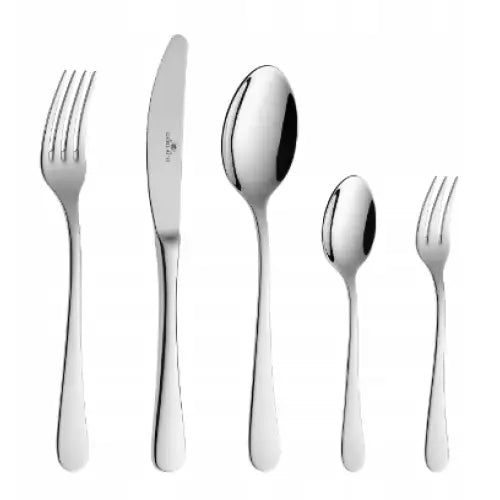 Gerlach Flow bestikksett, fem blanke deler sett forfra med avrundede former mot hvit bakgrunn.