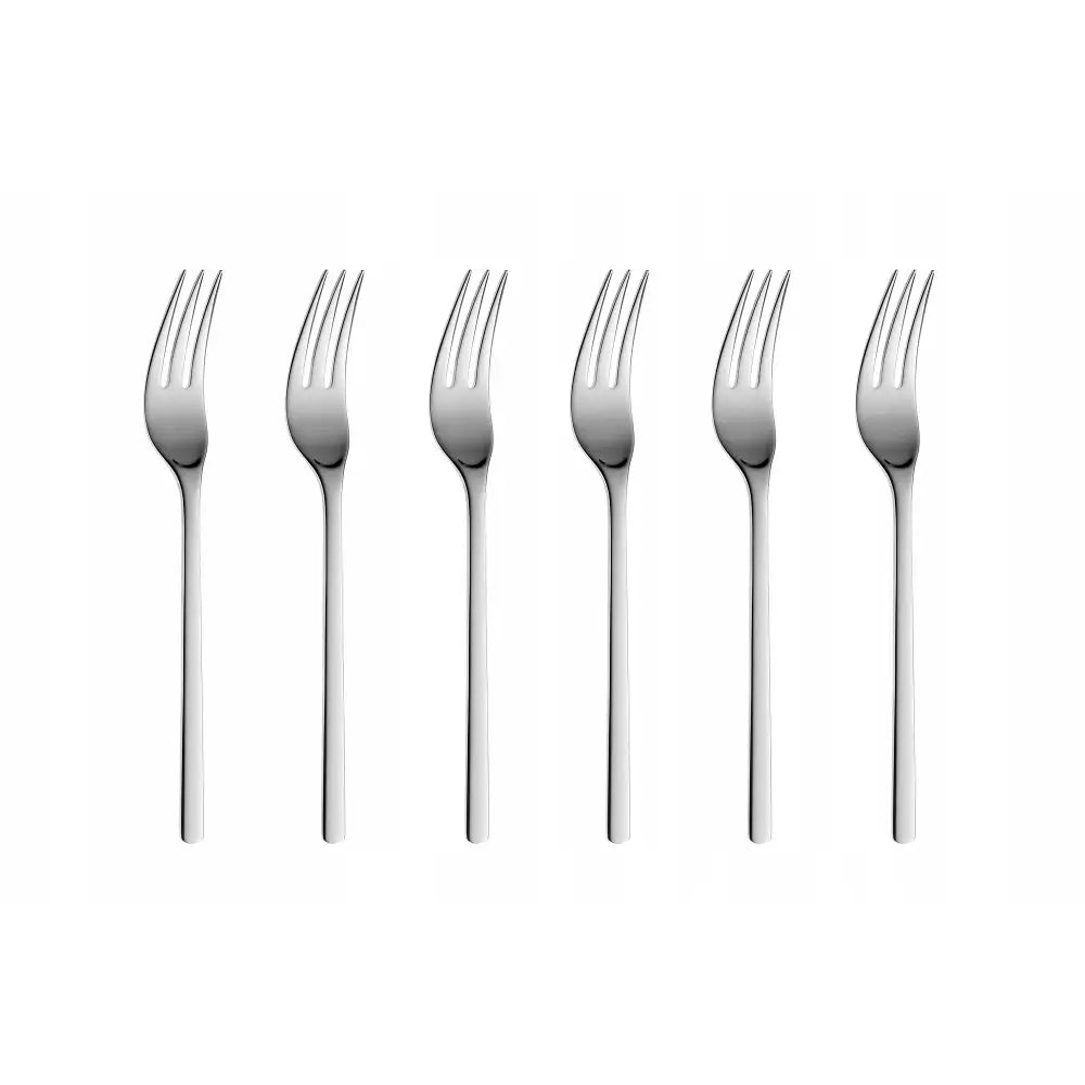 Gerlach kakegafler i rustfritt stål, seks stykk med tre tagger og minimalistisk, blankt design mot hvit bakgrunn.