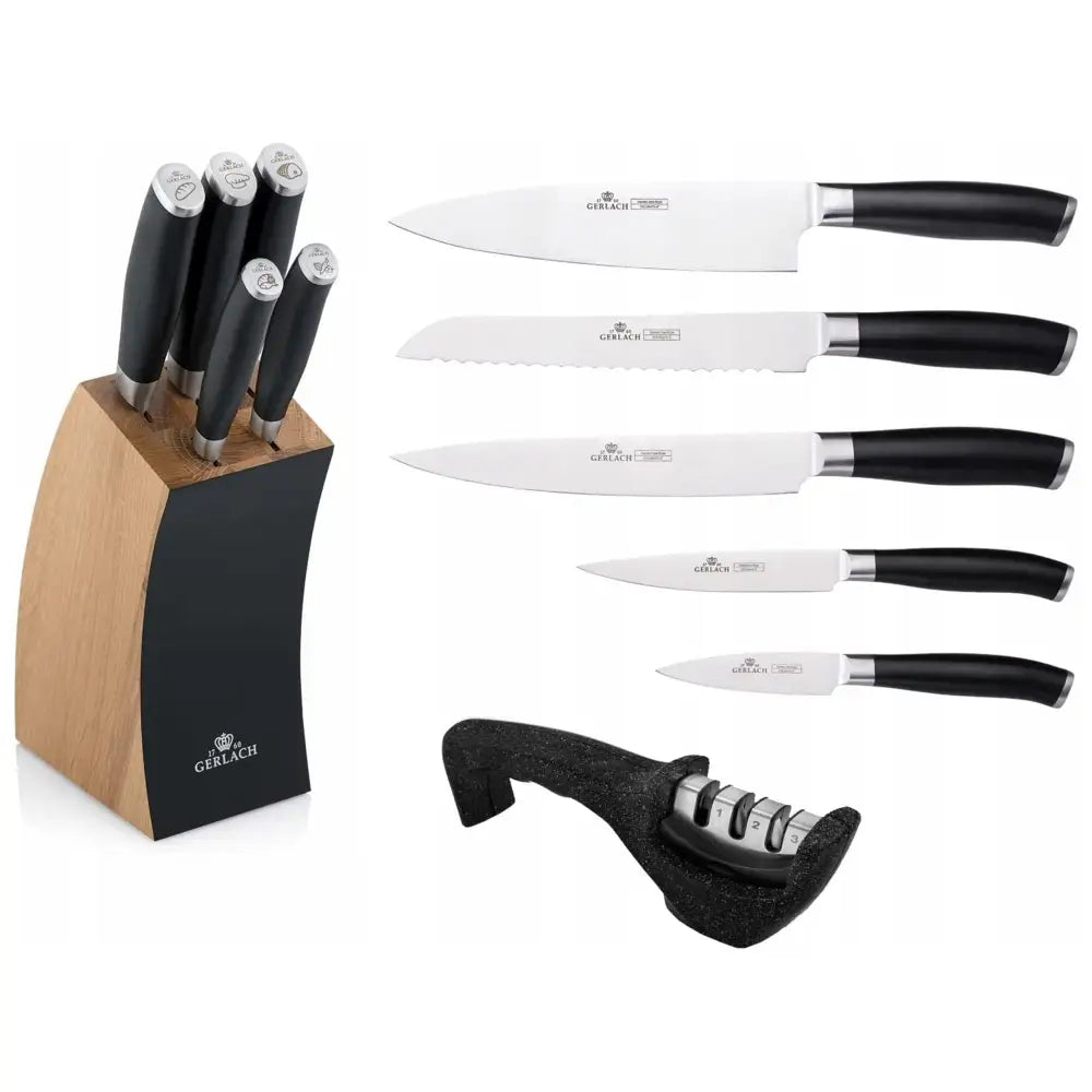 Gerlach knivsett med fem sorte kjøkkenkniver, treknivblokk og svart knivsliper på lys bakgrunn.