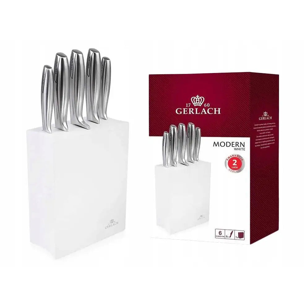 Gerlach Modern 993 knivsett med fem stålklinger i hvit blokk, skråvisning med originalemballasje.