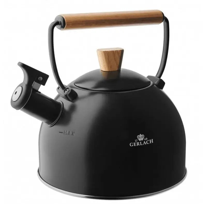 Gerlach Natur induksjonskanne i sort metall med trehåndtak, treknot og synlig tut med lokk.