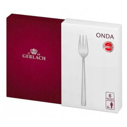 Gerlach Onda små gafler i seksdelt sett, presentert i elegant gaveeske med rød og hvit design.