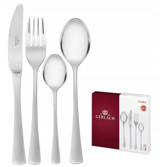 Gerlach Tunea bestikksett, fire blanke deler i rustfritt stål foran elegant eske med produktbilde og logo.