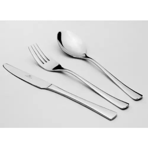 Gerlach Tunea bestikk, kniv, gaffel og skje i rustfritt stål, sidevisning med blank overflate mot lys bakgrunn.