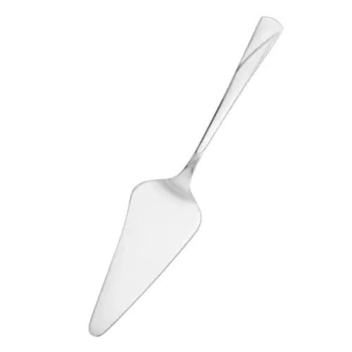 Kakespade i blankt rustfritt stål fra Gerlach Valor, sett ovenfra med buet håndtak og avrundet trekantblad.