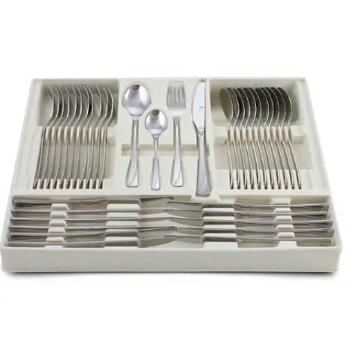 Gerlach Valor bestikksett, sett ovenfra i lys plastskuff med adskilte rom for gafler, kniver og skjeer.