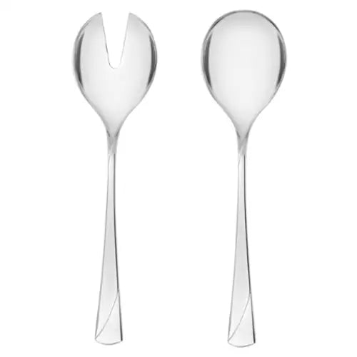 To gjennomsiktige serveringsskjeer i plast, én med V-formet hakk, fotografert forfra mot hvit bakgrunn.