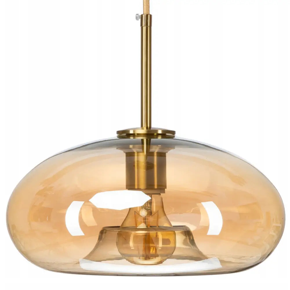 Glass hengelampe Paris Ufo i ravfarget glass med synlig lyspære og messingdetaljer, frontvisning.