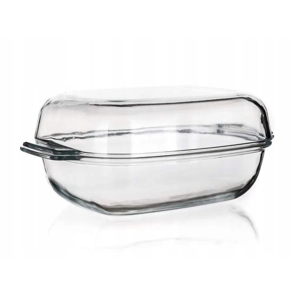 Glass ildfast form med lokk, rektangulær, sett fra siden med integrerte håndtak på begge deler.