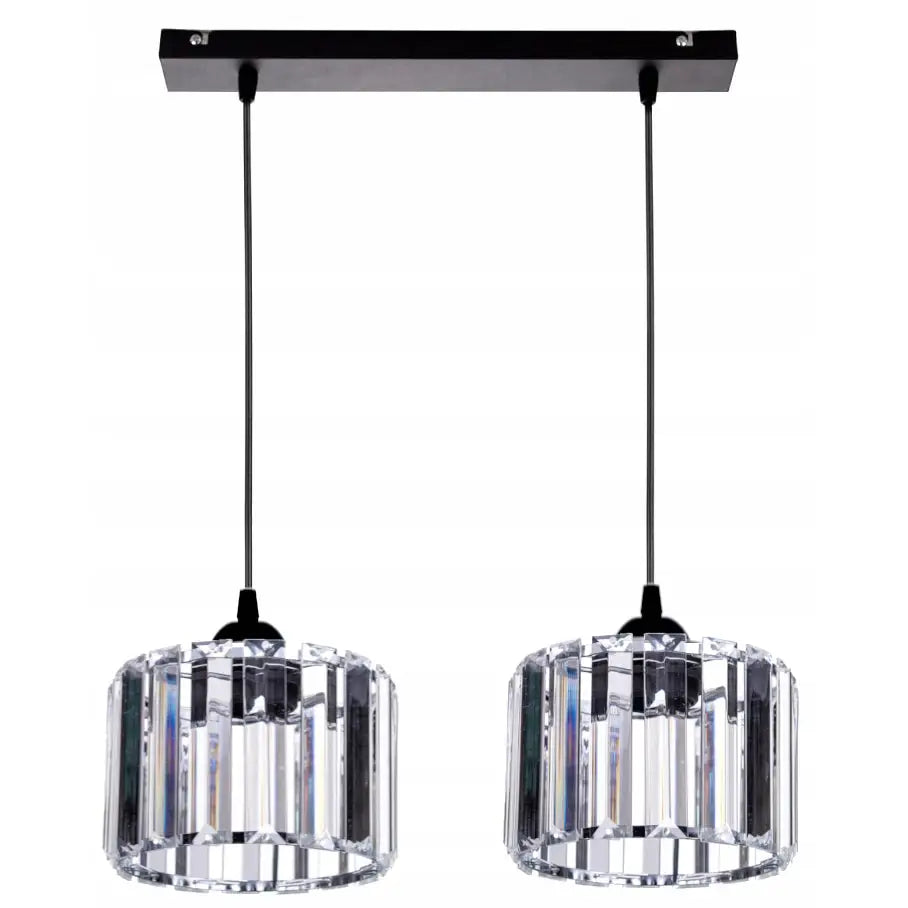 Glass taklampe med to hengende sylindriske skjermer i klart glass og svart takbase, frontvisning.
