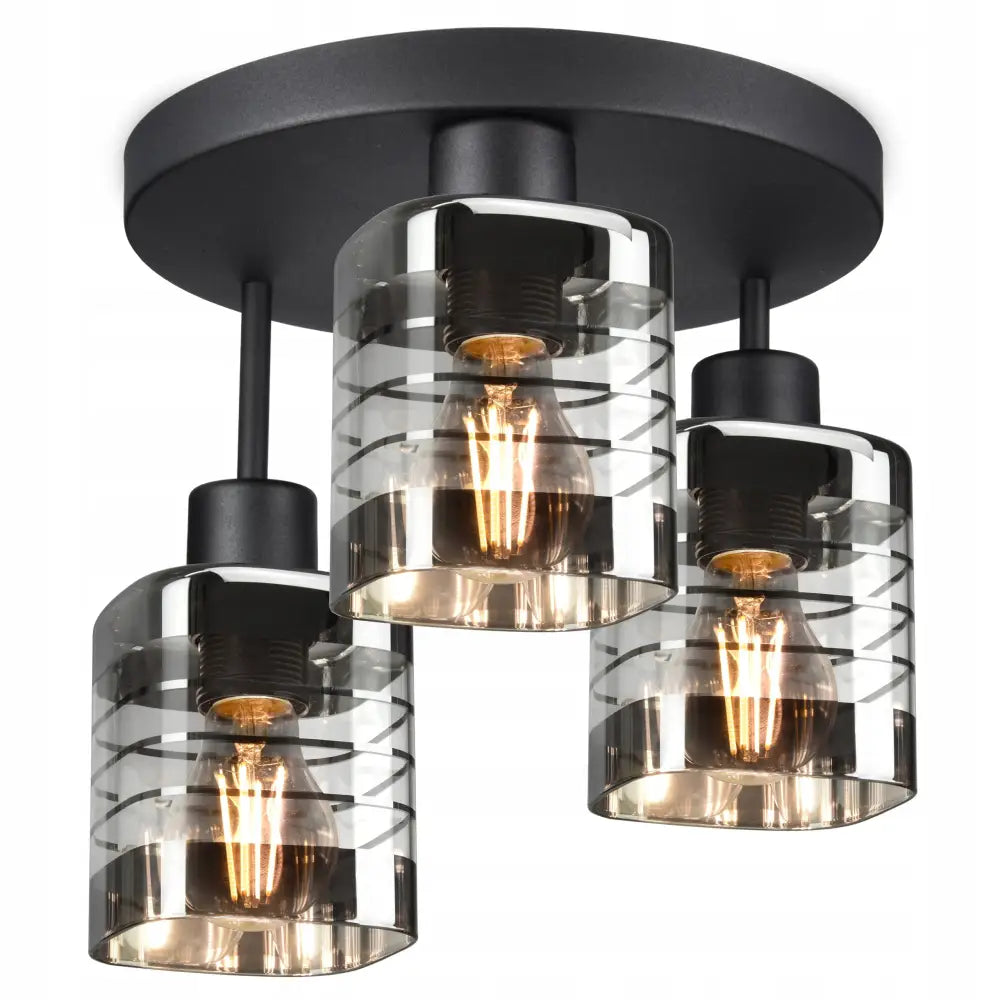 Glass taklampe med tre LED-pærer, sylindriske glassskjermer med striper og svart metallbase sett nedenfra.
