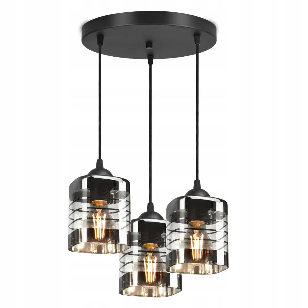 Glass taklampe med tre rillede glasskupler og synlige LED-pærer, hengende i sort metallramme.