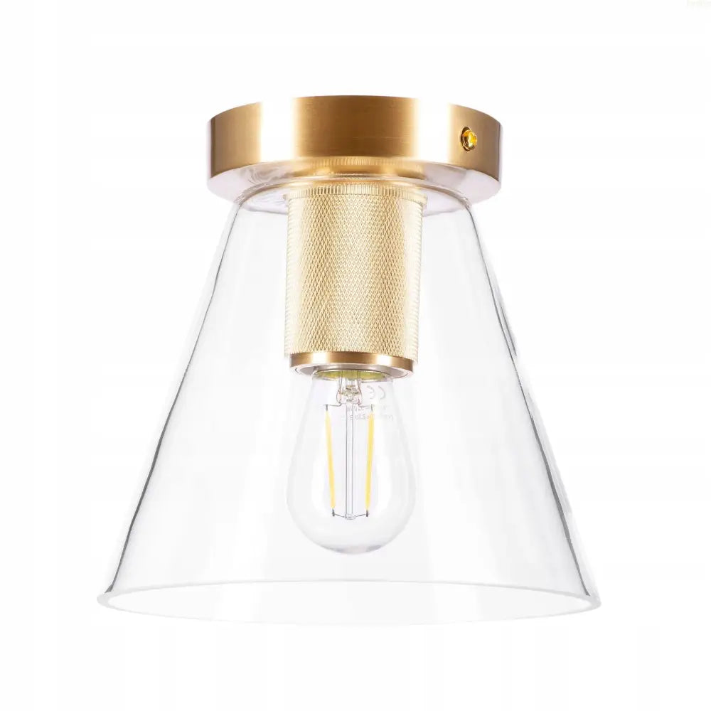 Glass taklampe Kuppel Kjegle Gull, frontbilde med synlig lyspære og rillet metallholder mot hvit bakgrunn.