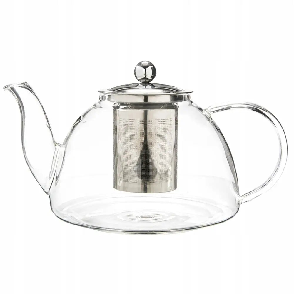 Glass tekanne med metallinfuser og lokk, sett fra siden med tydelig stor hank og blank tut.
