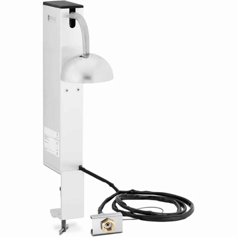 Glass tumbler freezer for bar, sidebilde som fremhever halvsirkelformet skjerm og solid bordfeste.