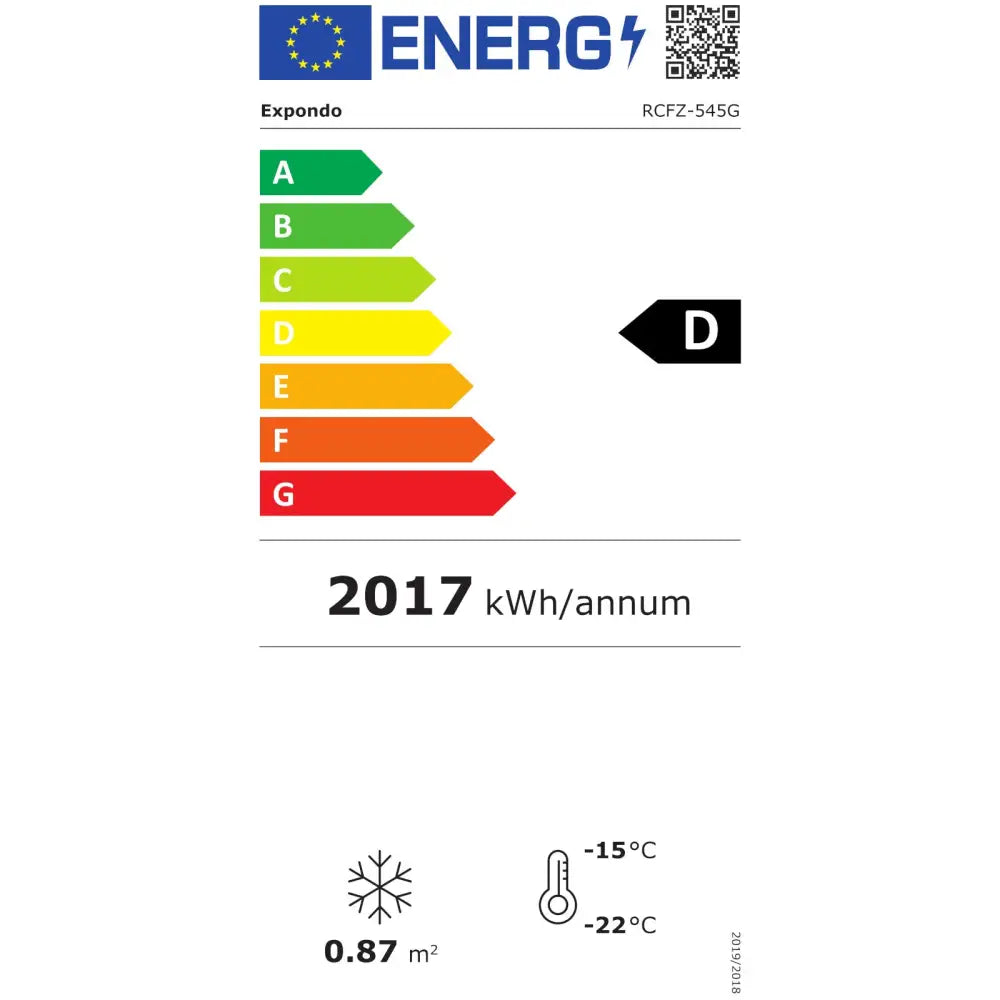 Energimerke for glasset fryser, energiklasse D, årlig forbruk 2017 kWh, volum- og temperatursymboler.