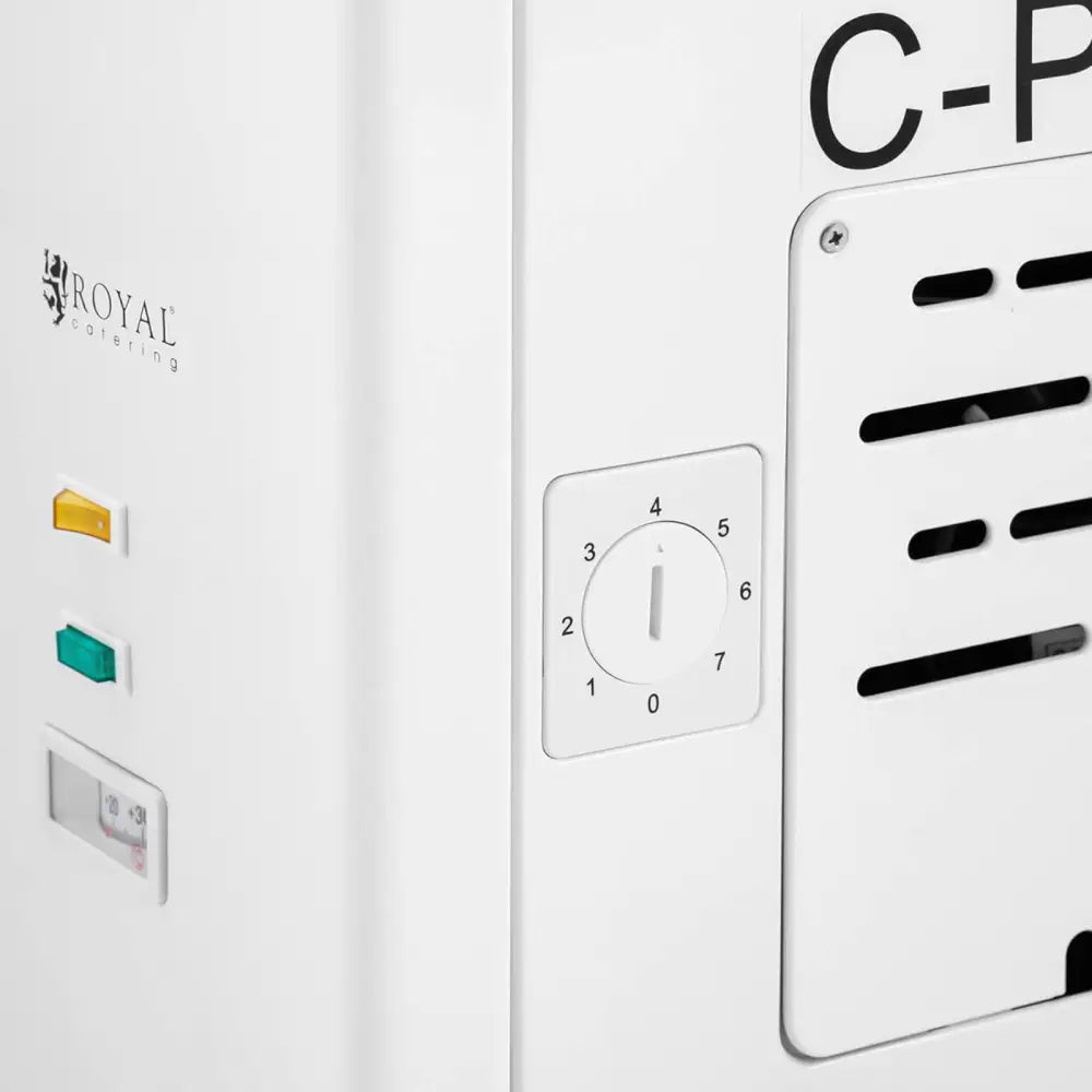 Glasset fryser for matvarer, nærbilde av kontrollpanel med gule og grønne knapper, innstillingshjul og ventilasjon.