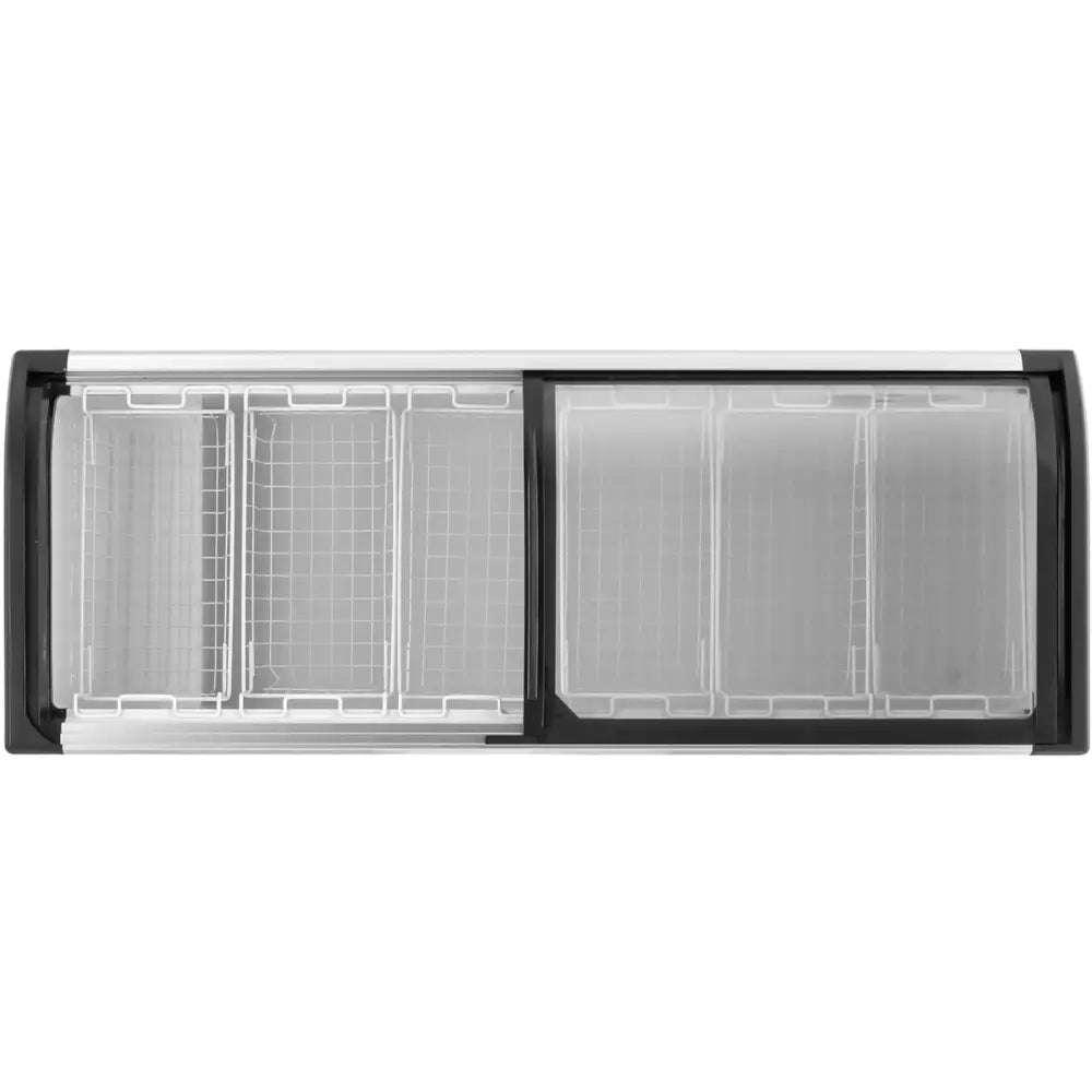 Fryseboks 545 l med gjennomsiktige skyvelokk, sett ovenfra, viser flere trådkurver og romslig inndeling.