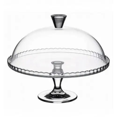 Glassfat på fot med kuppel, frontvisning som viser dekorativ kant, fot og lokk med glasshåndtak.