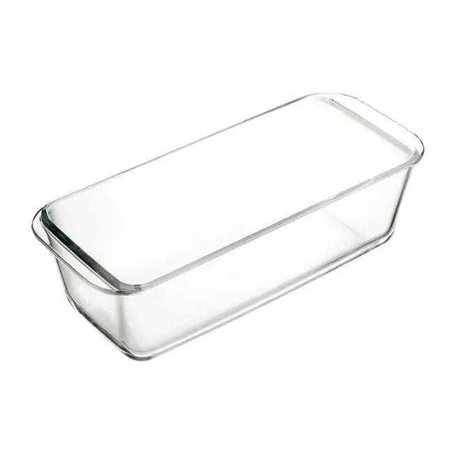 Glassform for steking av kake, paté og brød, skrå oversiktsvinkel med buede hjørner og små håndtak.