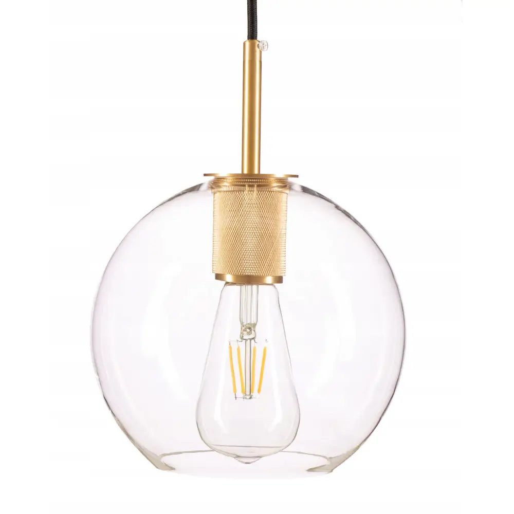 Glasskulependellampe Madrid med gjennomsiktig kuppel, synlig lyspære og messingfarget oppheng, sett forfra.